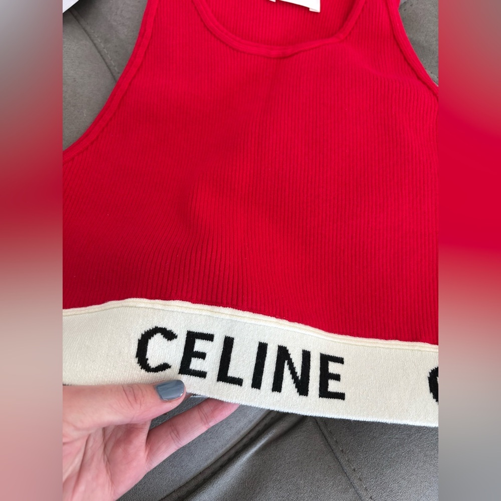 Celine Red Graphic Print Scoop Neck Crop Top Size S Logo Top - Picture 8 of 16